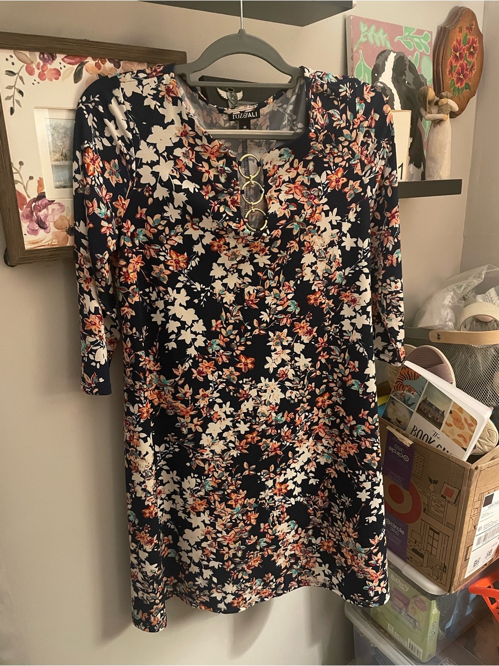 Roz & Ali Navy Floral Midi Dress with Ring Accent